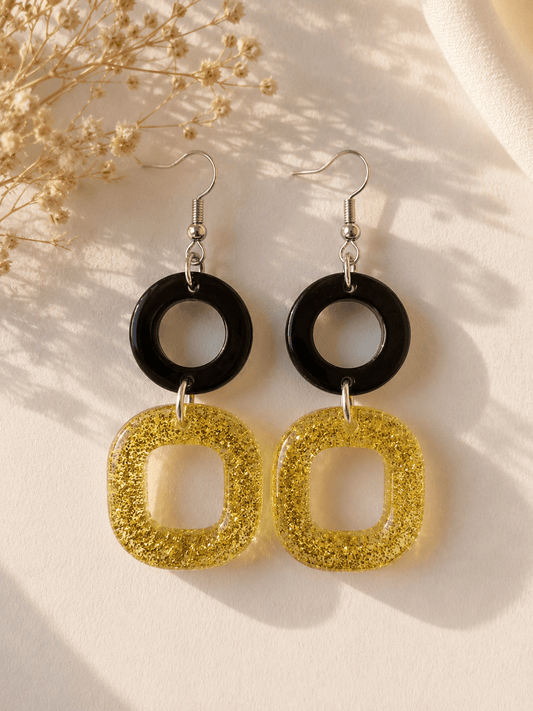 Boucles d'Oreilles Pendantes ALBA – Géométriques Noir & Paillettes Dorées - Créa.Bijoux