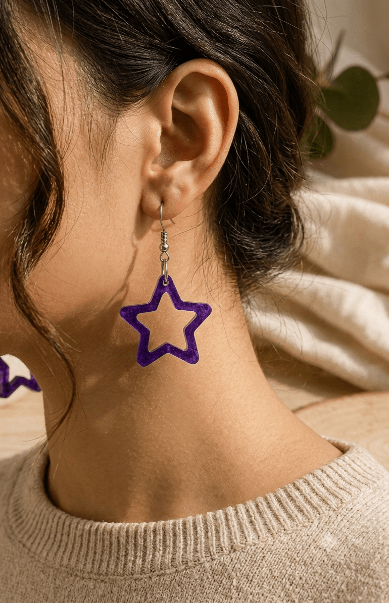 Boucles d'Oreilles Pendantes COSMOS – Étoiles Évidées Violet Pailleté - Créa.Bijoux