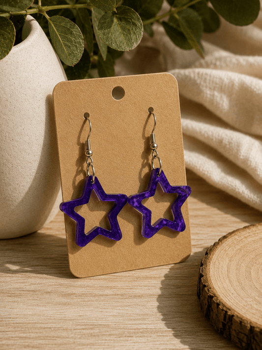 Boucles d'Oreilles Pendantes COSMOS – Étoiles Évidées Violet Pailleté - Créa.Bijoux