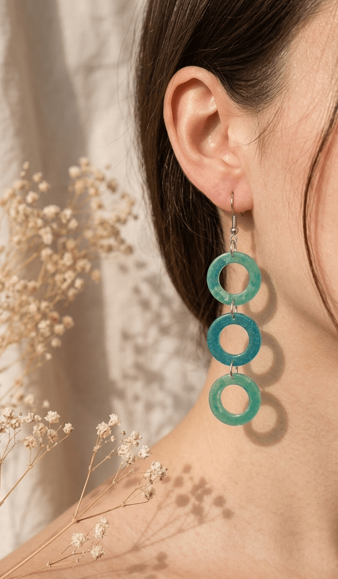 Boucles d'Oreilles Pendantes PALMA – Cascade d'Anneaux Océan Vert d'Eau & Bleu Lagon - Créa.Bijoux