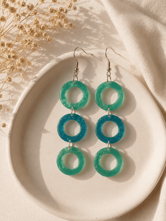 Boucles d'Oreilles Pendantes PALMA – Cascade d'Anneaux Océan Vert d'Eau & Bleu Lagon - Créa.Bijoux